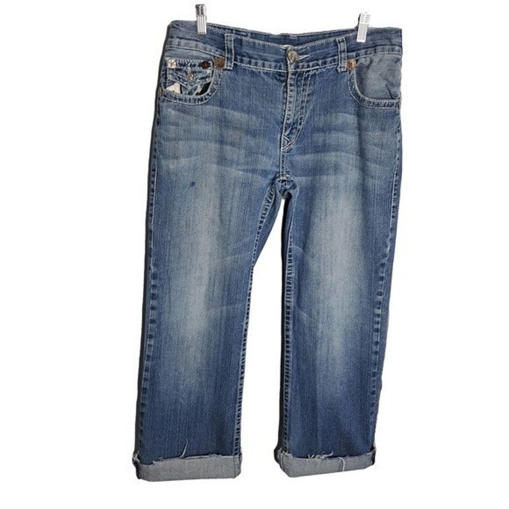 True‎ Religion Billy Super T Capris Women 36 Light Wash Distressed Cropped Denim